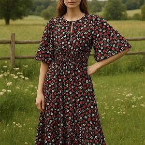 H&M Size 14 Cottagecore Red Floral Midi‎ Dress Smocked Wide Flare Sleeves Midaxi